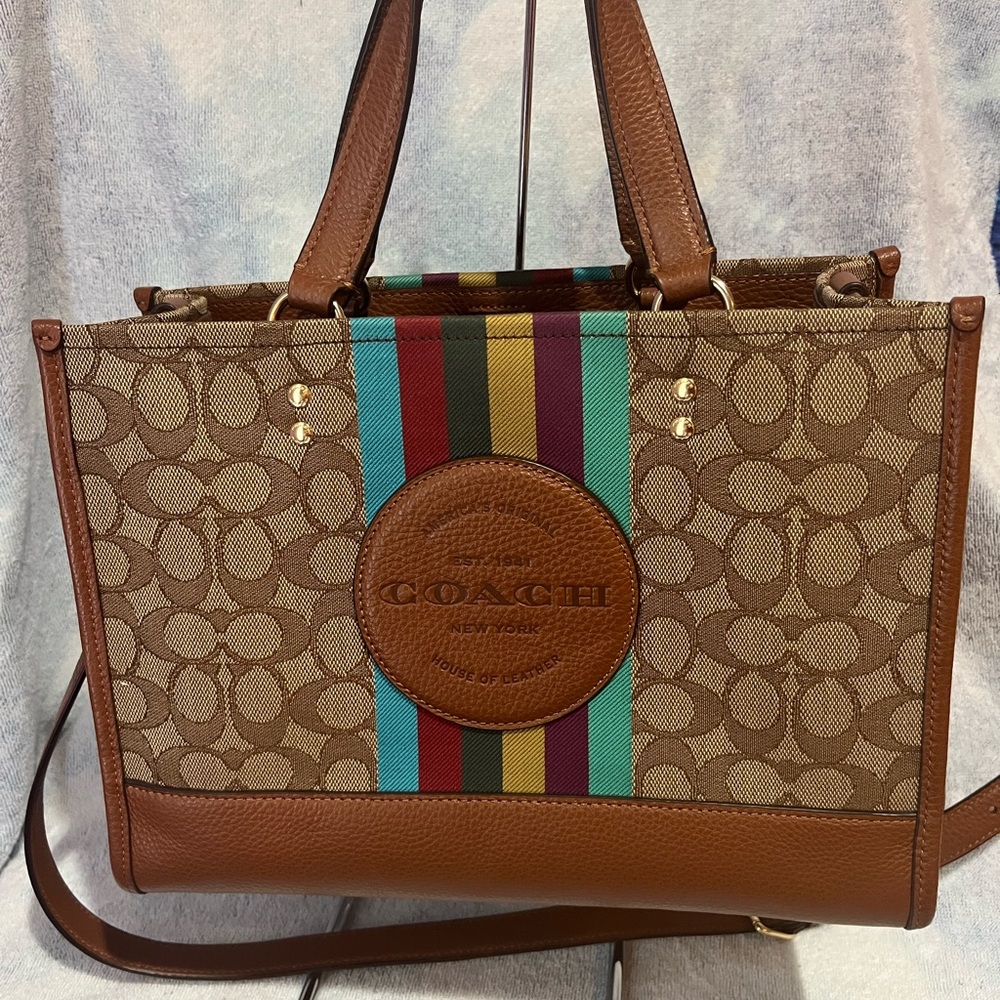 Coach Dempsey Tote Patch Rainbow Stripe Brown